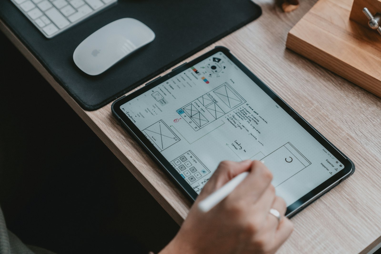 A hand drawing a low-fidelity website wireframe on a tablet with a stylus, beside a keyboard and mouse